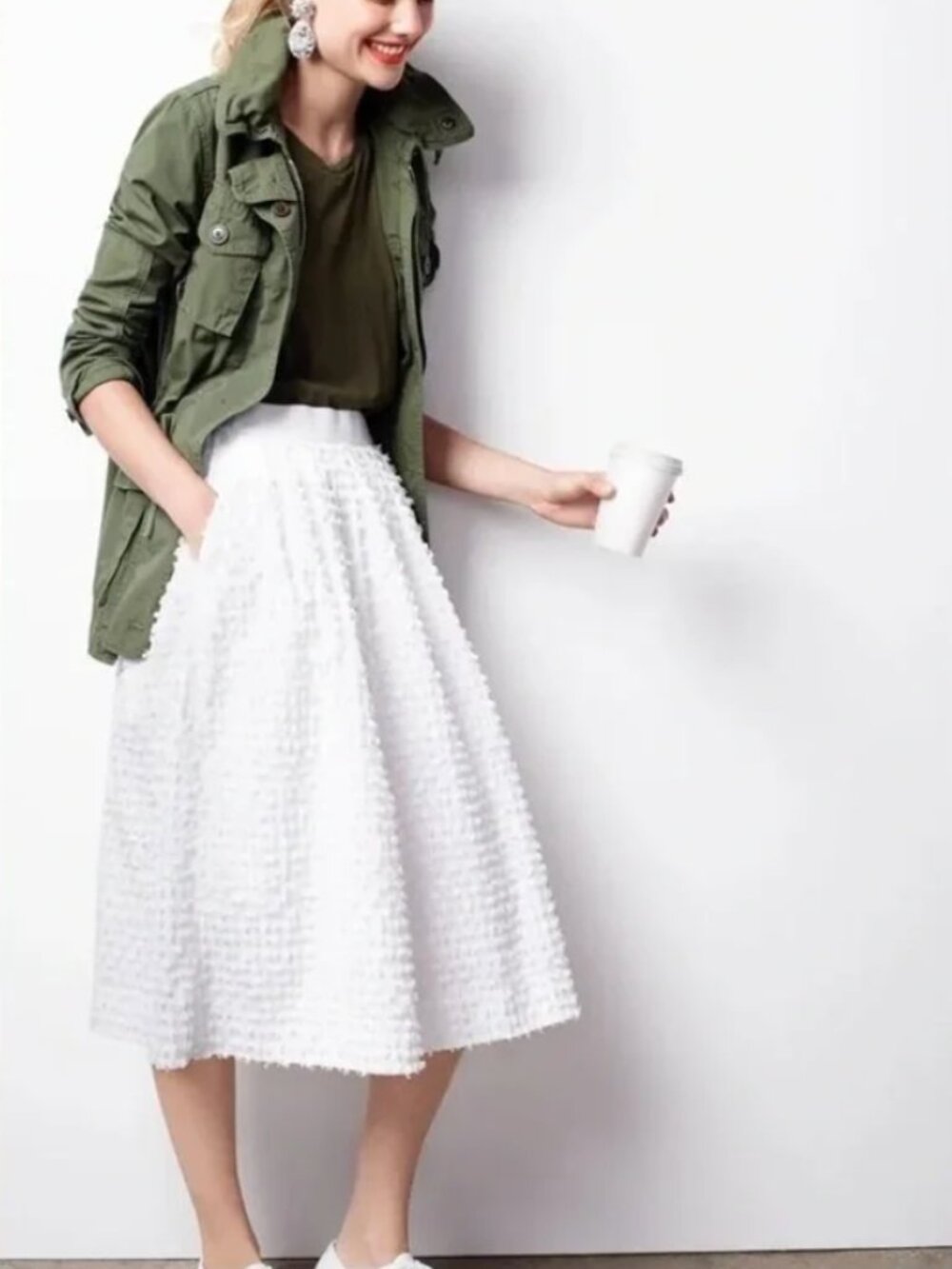 NWT J. Crew White Clip Dot Flared Midi 100% Cotton Skirt Sz 4